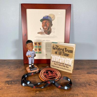 LOT 140: Framed Jackie Robinson Memorabilia Wall Art / Stamps, SF Giants Lanyard / Pass, San Jose Giants Ben Taylor Bobblehead, The...