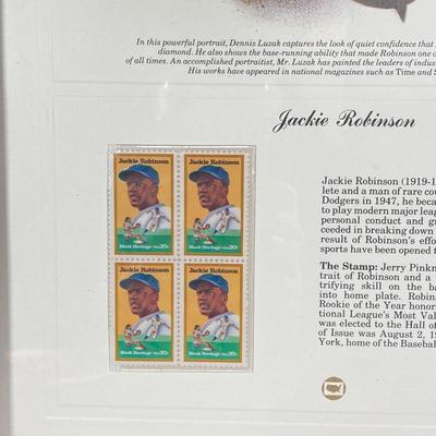 LOT 140: Framed Jackie Robinson Memorabilia Wall Art / Stamps, SF Giants Lanyard / Pass, San Jose Giants Ben Taylor Bobblehead, The...
