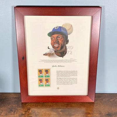 LOT 140: Framed Jackie Robinson Memorabilia Wall Art / Stamps, SF Giants Lanyard / Pass, San Jose Giants Ben Taylor Bobblehead, The...