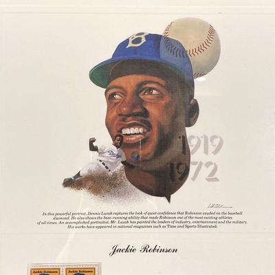 LOT 140: Framed Jackie Robinson Memorabilia Wall Art / Stamps, SF Giants Lanyard / Pass, San Jose Giants Ben Taylor Bobblehead, The...