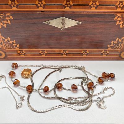 LOT 142: Vintage Wood Jewelry Box with Collection of Fashion Jewelry