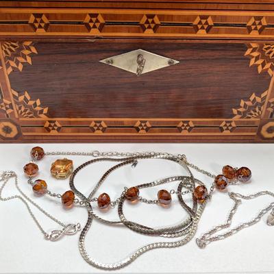 LOT 142: Vintage Wood Jewelry Box with Collection of Fashion Jewelry