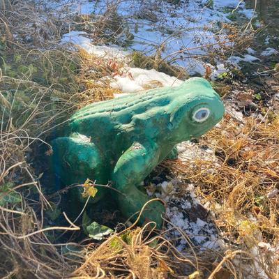 LOT 151: Painted Green Concrete Garden Frog Lawn Ornament / Statue