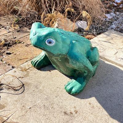 LOT 151: Painted Green Concrete Garden Frog Lawn Ornament / Statue