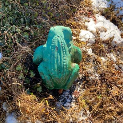 LOT 151: Painted Green Concrete Garden Frog Lawn Ornament / Statue