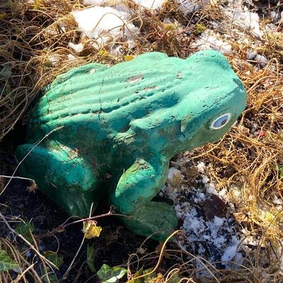 LOT 151: Painted Green Concrete Garden Frog Lawn Ornament / Statue