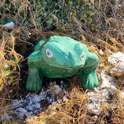 LOT 151: Painted Green Concrete Garden Frog Lawn Ornament / Statue
