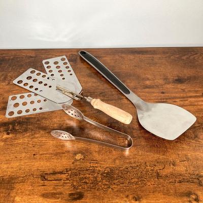 LOT 154: Three Cast Iron Skillets with Collection of Utensils / Gadgets