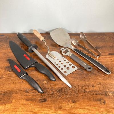 LOT 154: Three Cast Iron Skillets with Collection of Utensils / Gadgets