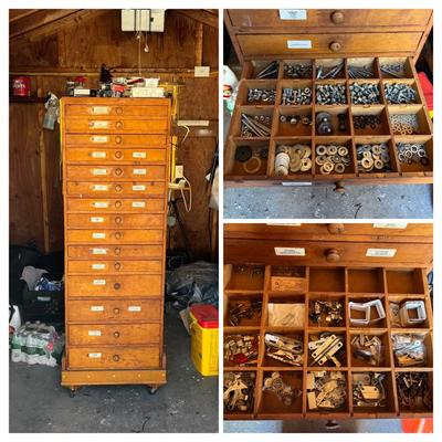 LOT 155: Wooden Chest of 15-Drawers Filled Nuts, Bolts, Screws, Hardware and More