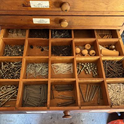 LOT 155: Wooden Chest of 15-Drawers Filled Nuts, Bolts, Screws, Hardware and More