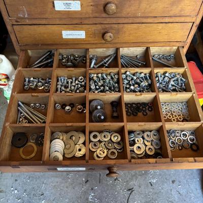 LOT 155: Wooden Chest of 15-Drawers Filled Nuts, Bolts, Screws, Hardware and More