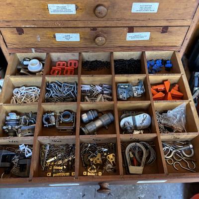 LOT 155: Wooden Chest of 15-Drawers Filled Nuts, Bolts, Screws, Hardware and More