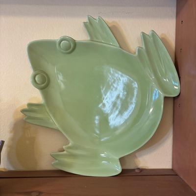 LOT 166: Wooden Adjustable Shelf & Floating Shelf along with Frog Ceramic Platers & Jar
