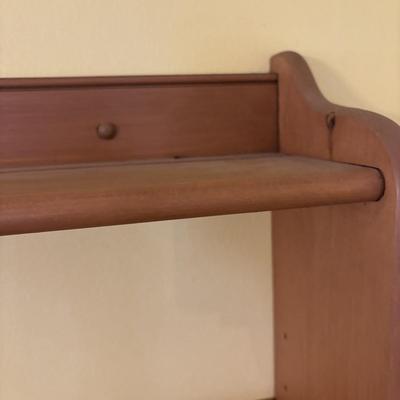 LOT 166: Wooden Adjustable Shelf & Floating Shelf along with Frog Ceramic Platers & Jar