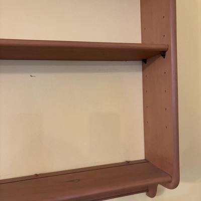 LOT 166: Wooden Adjustable Shelf & Floating Shelf along with Frog Ceramic Platers & Jar