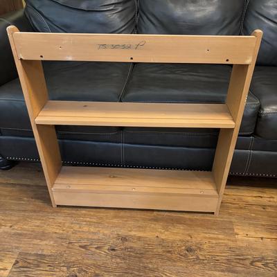 LOT 166: Wooden Adjustable Shelf & Floating Shelf along with Frog Ceramic Platers & Jar