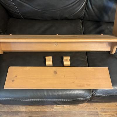 LOT 166: Wooden Adjustable Shelf & Floating Shelf along with Frog Ceramic Platers & Jar