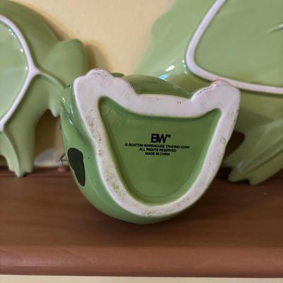 LOT 166: Wooden Adjustable Shelf & Floating Shelf along with Frog Ceramic Platers & Jar