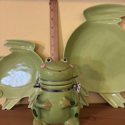 LOT 166: Wooden Adjustable Shelf & Floating Shelf along with Frog Ceramic Platers & Jar