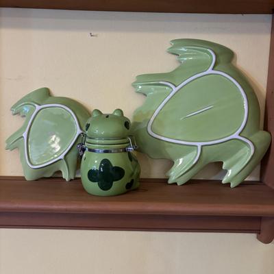 LOT 166: Wooden Adjustable Shelf & Floating Shelf along with Frog Ceramic Platers & Jar