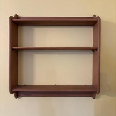 LOT 166: Wooden Adjustable Shelf & Floating Shelf along with Frog Ceramic Platers & Jar