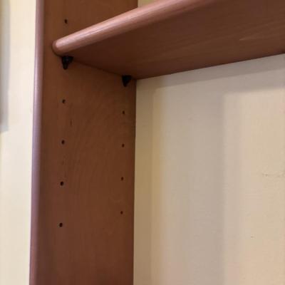 LOT 166: Wooden Adjustable Shelf & Floating Shelf along with Frog Ceramic Platers & Jar