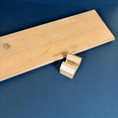 LOT 166: Wooden Adjustable Shelf & Floating Shelf along with Frog Ceramic Platers & Jar