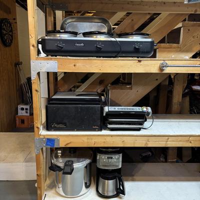 LOT 172: Basement Finds Kitchen Appliances: Crock Pot, All-Clad Roasting Pan, T-Fal Oti Grill, Cuisinart Coffee Pot, Excalibur Food...
