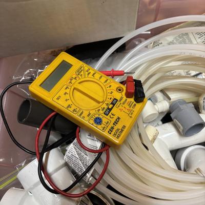 LOT 500: Plumbing Supplies & More: Fittings, Check Values, Cen-Tech Multimeter