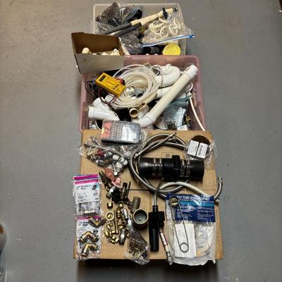 LOT 500: Plumbing Supplies & More: Fittings, Check Values, Cen-Tech Multimeter