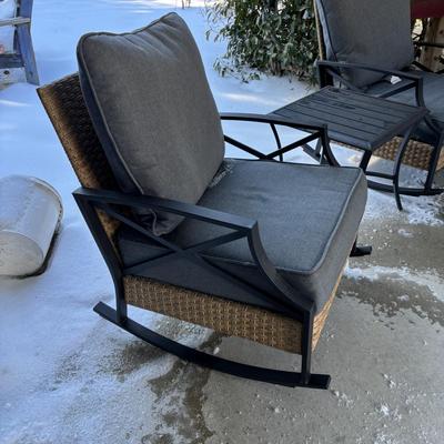 LOT 179: Matching Patio Rocking Chairs & Accent Table