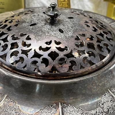 Plated Silver fernery Centerpiece Bowl with Pierced Lid Floral arranging