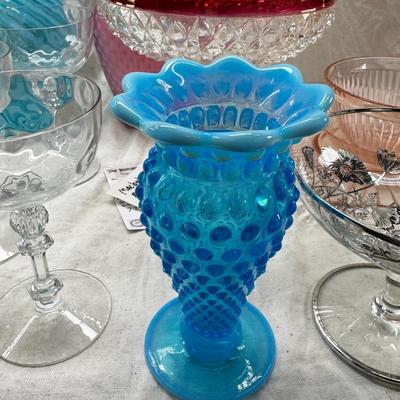 five tall sherbets or champagnes are Fostoria 6008 pattern dimple optic. Mid century Glass ware