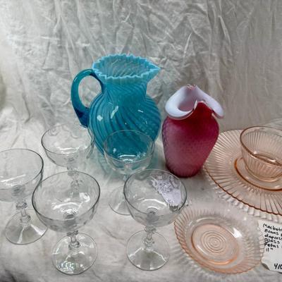 five tall sherbets or champagnes are Fostoria 6008 pattern dimple optic. Mid century Glass ware