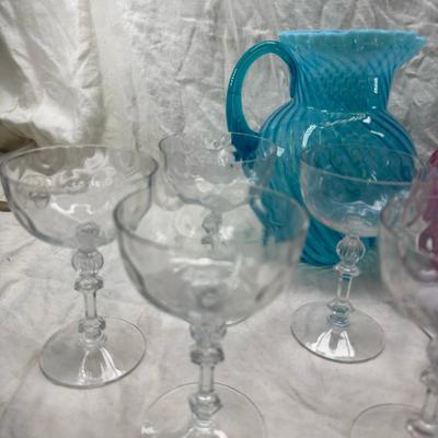 five tall sherbets or champagnes are Fostoria 6008 pattern dimple optic. Mid century Glass ware