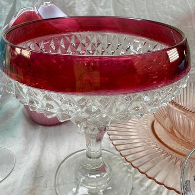 five tall sherbets or champagnes are Fostoria 6008 pattern dimple optic. Mid century Glass ware