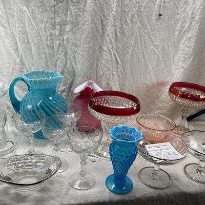 five tall sherbets or champagnes are Fostoria 6008 pattern dimple optic. Mid century Glass ware