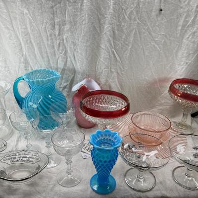 five tall sherbets or champagnes are Fostoria 6008 pattern dimple optic. Mid century Glass ware