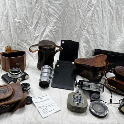 Vintage film cameras, cases light meters, flash lense