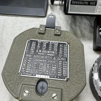 Vintage film cameras, cases light meters, flash lense