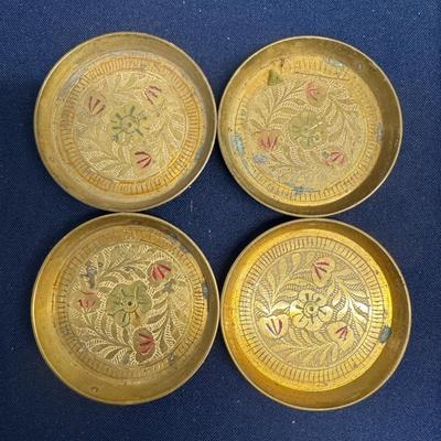 Vintage Engraved Brass Coasters – Hand Etched Floral Design – Set of 4 – India