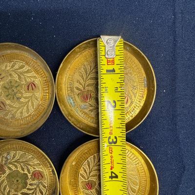 Vintage Engraved Brass Coasters – Hand Etched Floral Design – Set of 4 – India