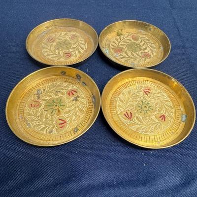 Vintage Engraved Brass Coasters – Hand Etched Floral Design – Set of 4 – India