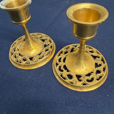 Vintage Solid Brass Candlesticks – Pierced Openwork Base – Ornate Short Pair