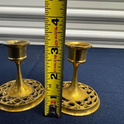Vintage Solid Brass Candlesticks – Pierced Openwork Base – Ornate Short Pair