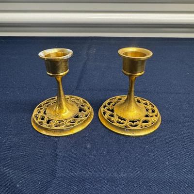 Vintage Solid Brass Candlesticks – Pierced Openwork Base – Ornate Short Pair