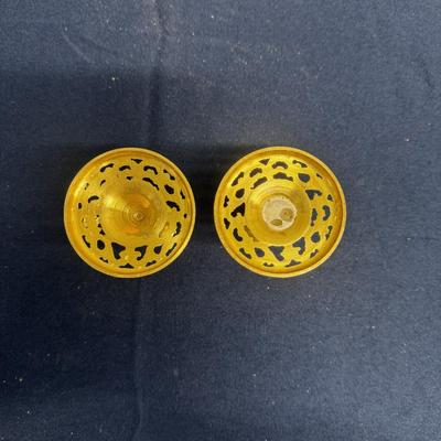 Vintage Solid Brass Candlesticks – Pierced Openwork Base – Ornate Short Pair