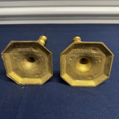 Vintage Solid Brass Candlesticks – Octagonal Base – R.O.C. Made in Taiwan – Pair