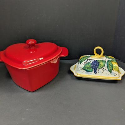 Bella Casa By Ganz Valerio Ceramic Covered Butter Dish & Chantel Red Heart Casserole Dish 2 1/2 Quarts